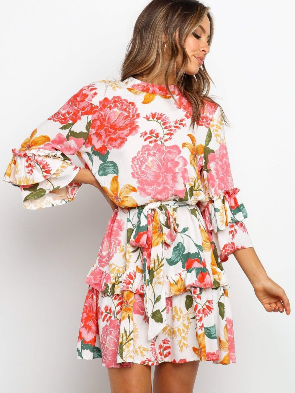 Petal & Pup Peta Floral Print Pink Peony Mini Dress Bell Ruffle Sleeve Size S